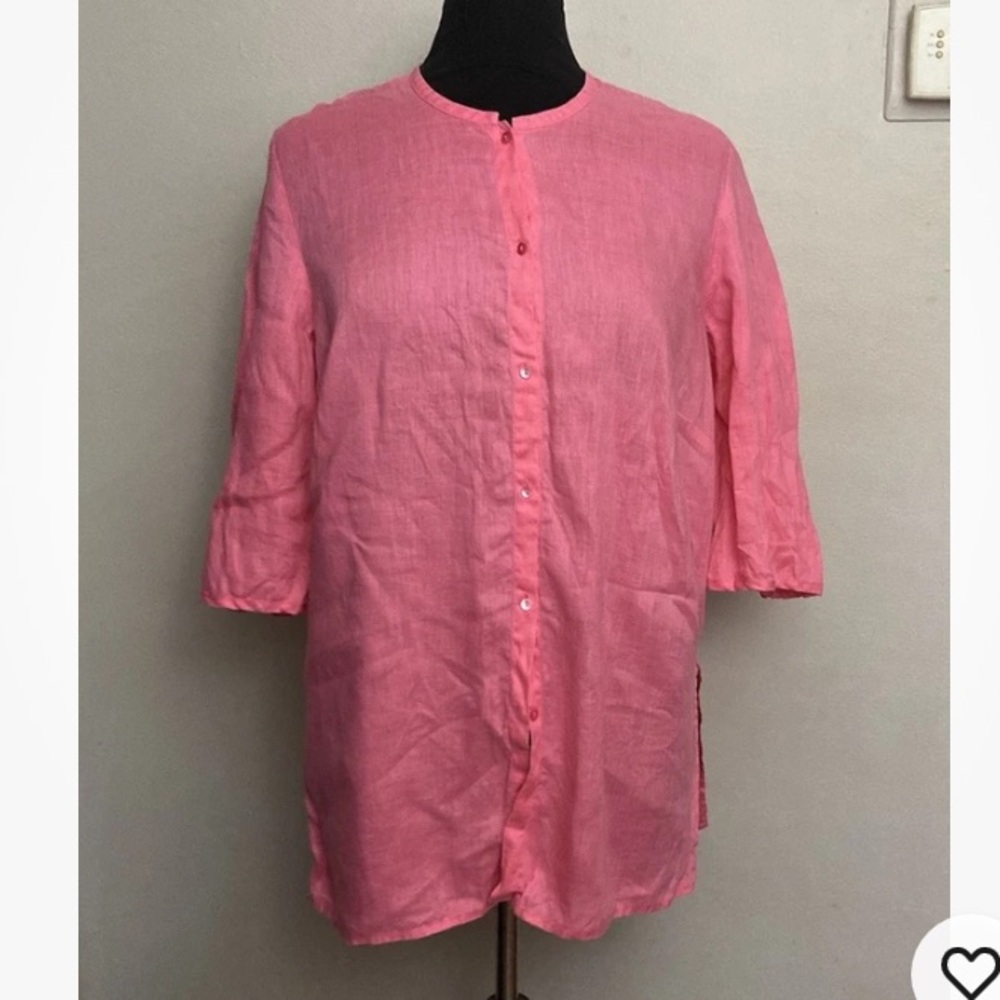8-7 Paraphrase 100% Linen Button Up Tunic Top 3/4 Sleeve Pink Summer Coastal 1X
